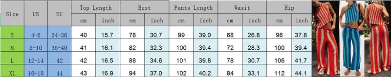 Crochet Striped Colorblock Asymmetrical One Shoulder Crop Tank Top  + Low Rise Long Pants Knitted Matching 2-Piece Set