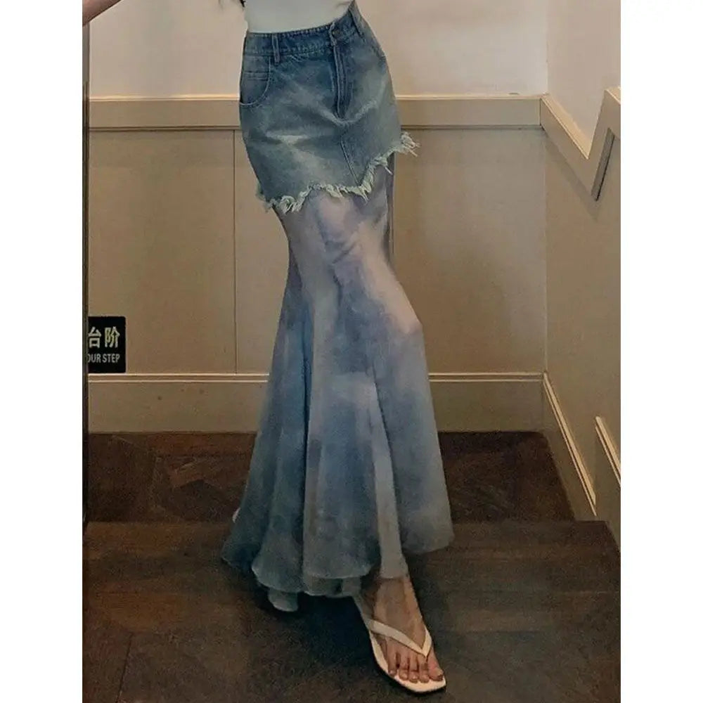 Retro Denim Patchwork Mesh Transparent Fishtail Design High Waisted Ruffled Jean Sheer Contrast Maxi Skirt