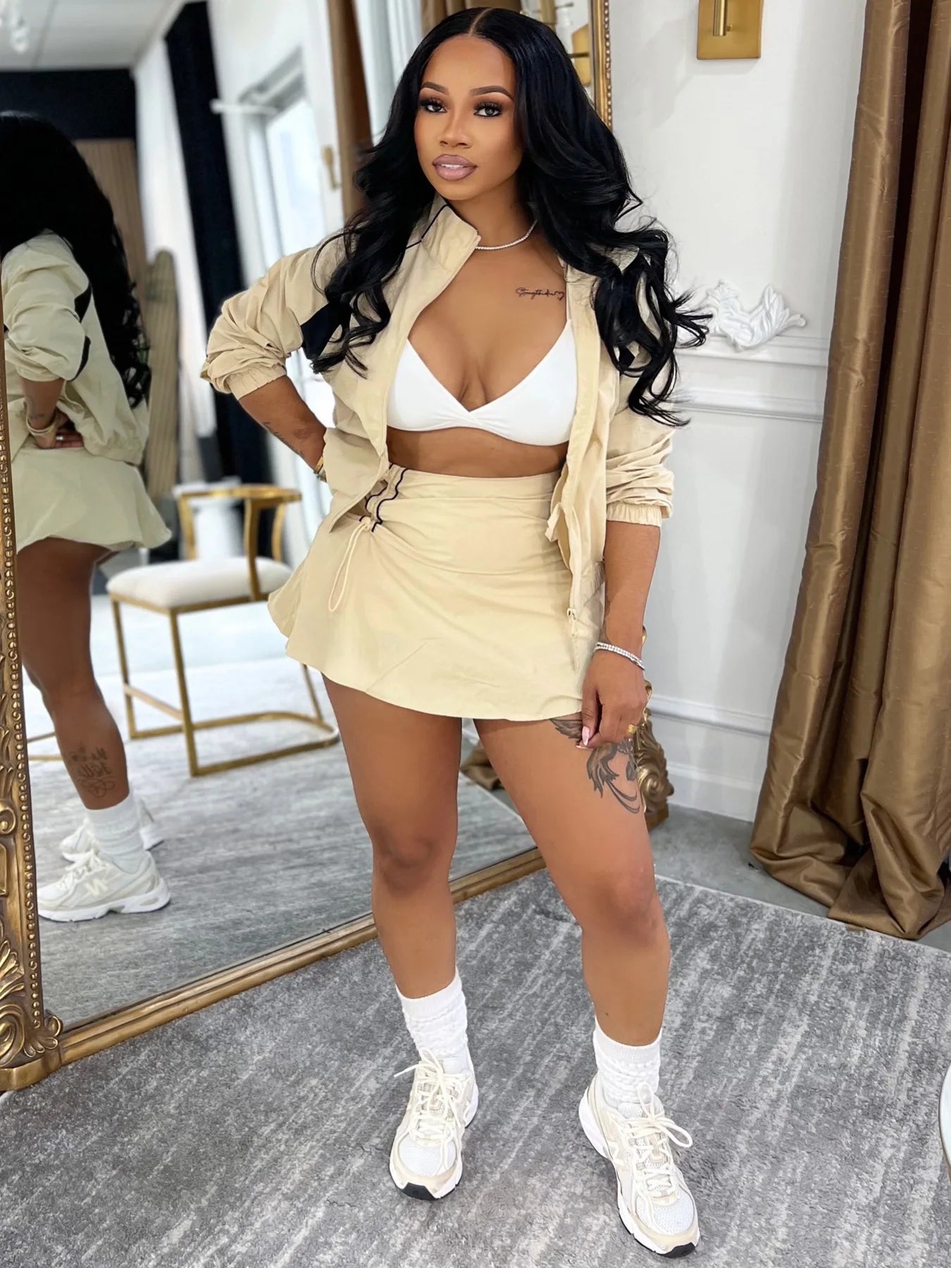 Striped Stand Collar Women's Zipper Fitness Jacket+ Drawstring Ruched Mini Tennis Skirt Solid Color 2-Piece Set