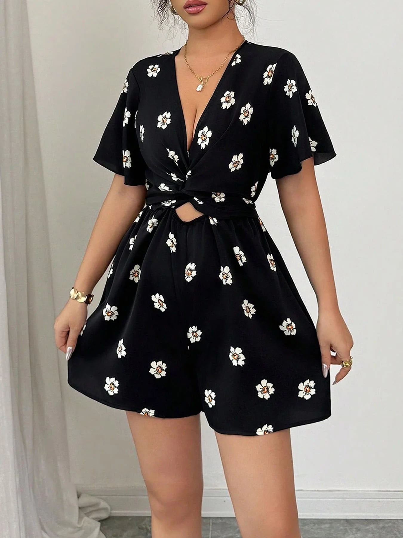 Women's Floral Print Romper, Casual Short Sleeve Romper for Summer, Fashion Women's Clothing for Daily Wear
