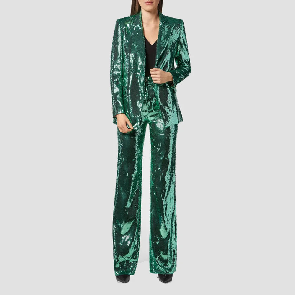 Metallic Sequined Single Button Temperament  Ladies Blazer + Matching Pants Suit