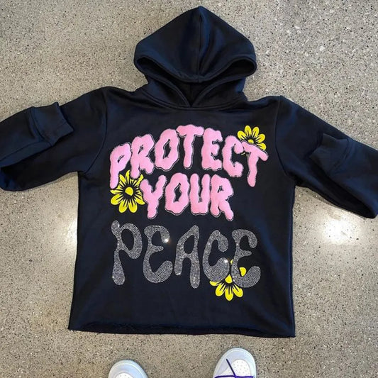 "PROTECT YOUR PEACE" Embroidered Unisex Hip Hop Hot Diamond Hoodie Sweatshirt