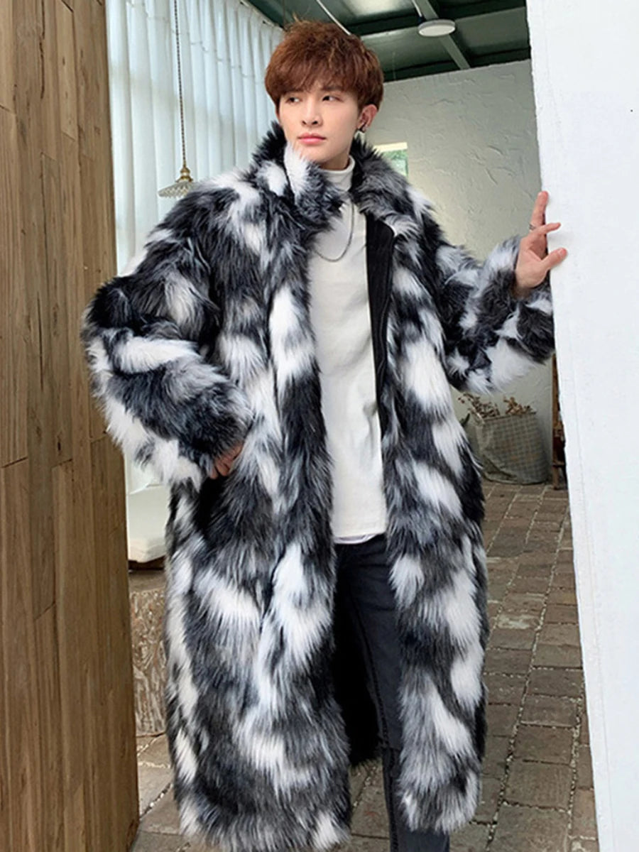 Men's Black/White Colorblock Patchwork Thick Faux Fur Trenchcoat