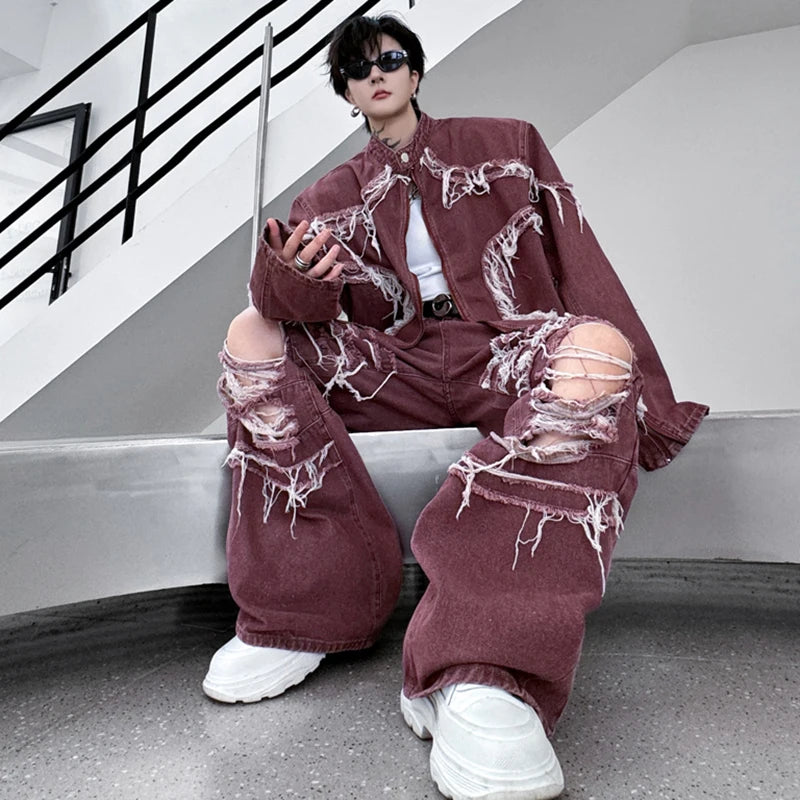 Men's Burgundy/Blue Denim Tassel Fringe Burr Design Jean Jacket + Ripped Hollow-Out Baggy Jeans 2-Piece Sets