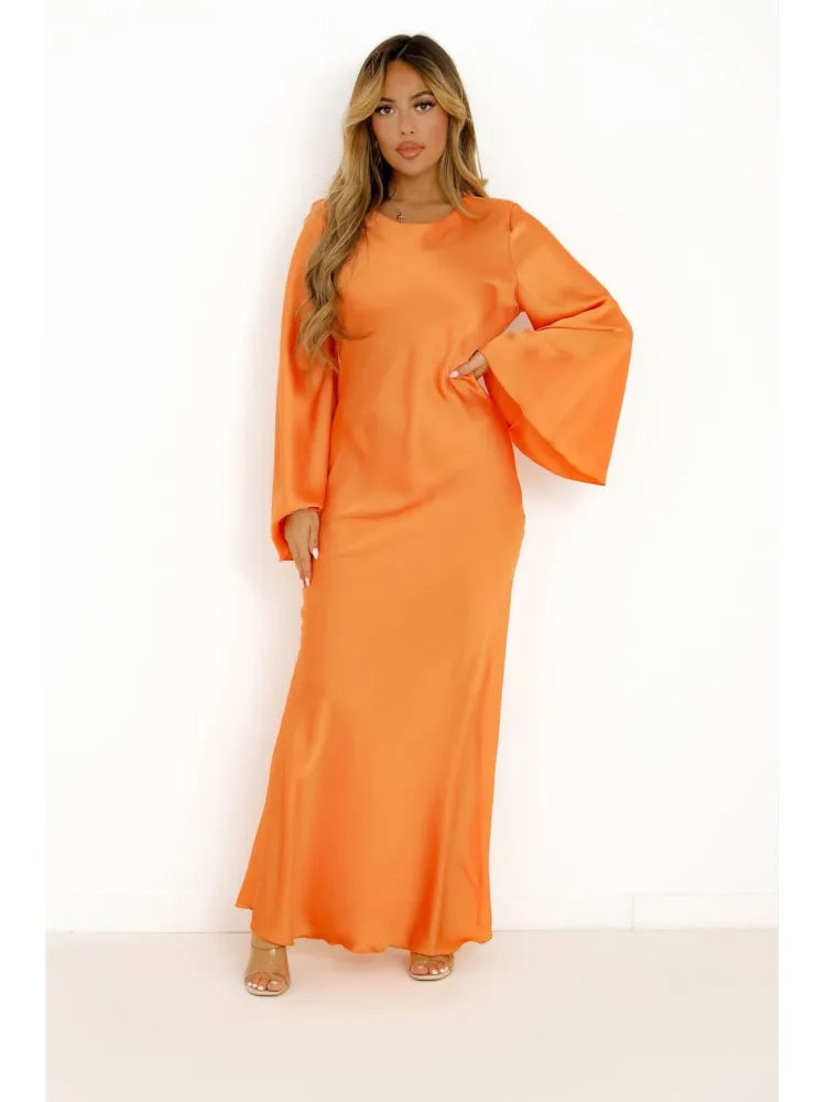 Satin Solid Flared Long Sleeve Maxi Dress