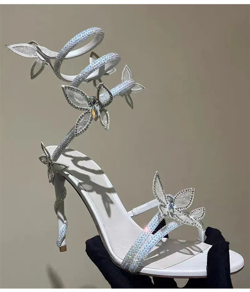 Crystal Butterfly Embellished Detail Spiral Coiled Band Strap High Heel Gladiator Sandal Pumps