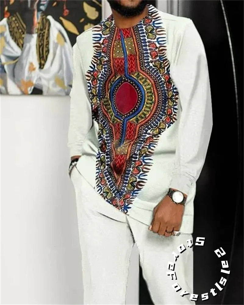 Men's O-Neck Colorblock Striped/African Print Long Sleeve Dress Shirt + Pants 2-Piece Suit to 4X Big & Tall