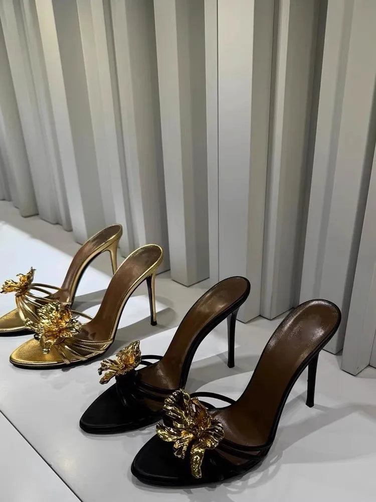 Metal Flower Decor Fashion Women's Stiletto High Heel Slip-On Sandal Pumps