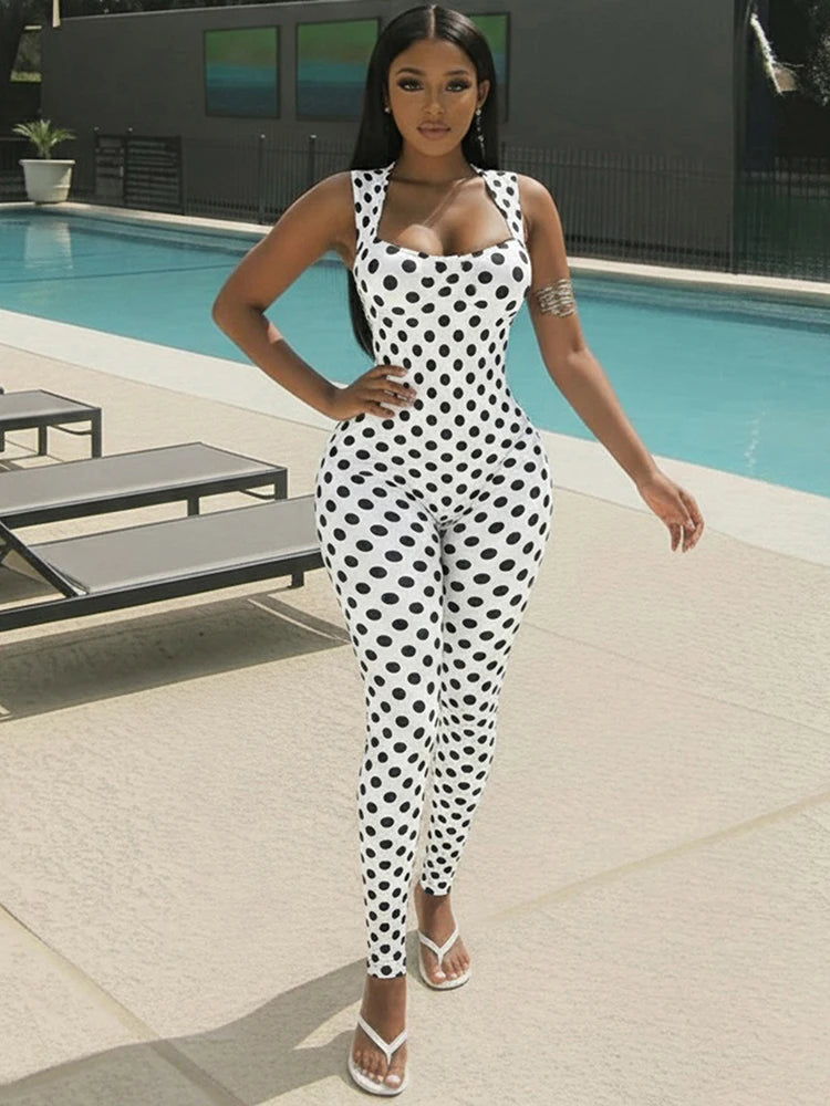 Black/White Polka Dot Print Backless Sleeveless Square Neck Women's Skinny Jumpsuit