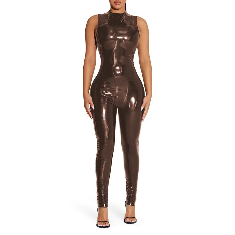 Shiny Solid Color Sleeveless PVC PU Leather Women's Pants Jumpsuit