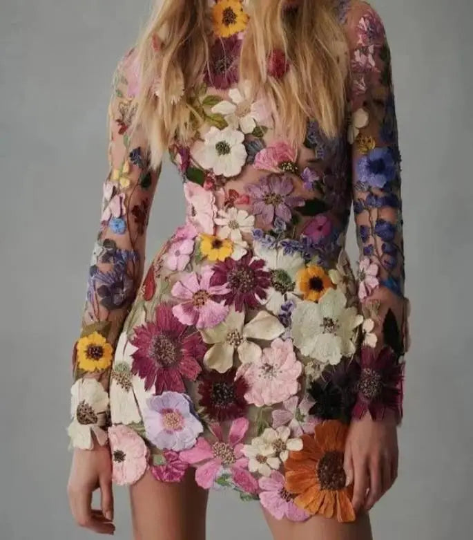 1/2 Turtleneck 3D Flower Print A-Line Long Sleeve Formal Mini Party Dress