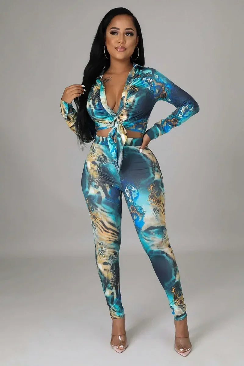 Blue Ocean Floral Print Women's Long Sleeve Blouse + Skin Tight Leggings 2-Piece Set