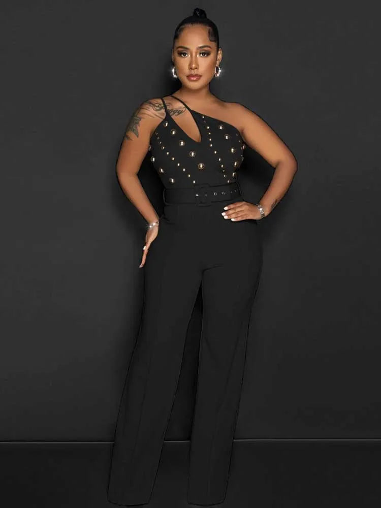 Stud Hollow-Out Design Sleeveless Asymmetrical One Shoulder Women's Backless Party Jumpsuit