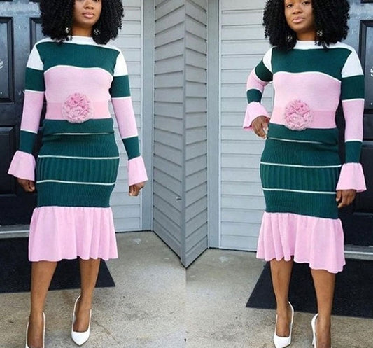 Striped Colorblock Patchwork Flare Sleeve Sweater & Ruffled Mermaid Midi Skirt 2-Piece Set