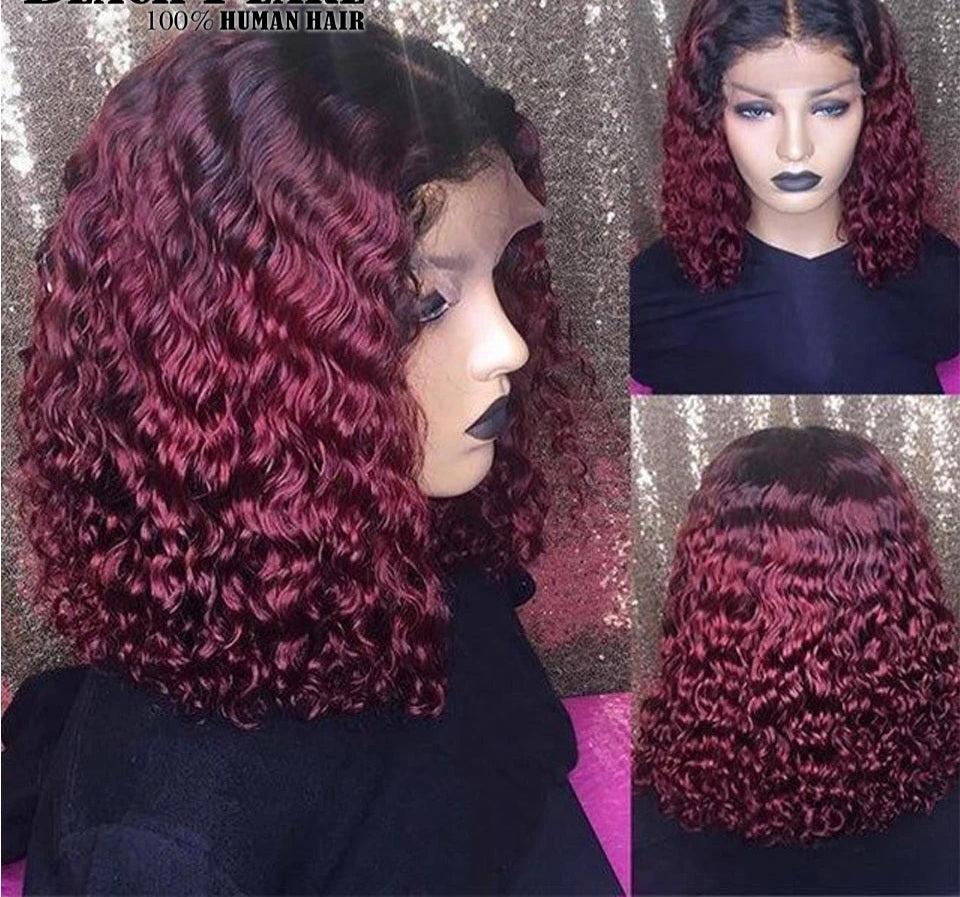 Peruvian 1B/30 Ombre Color/Burgundy/Black Short 12" Curly 180% Density Pre-Plucked Virgin 100% Human Hair Bob Wig