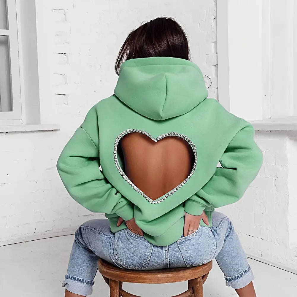 Heart Shape Ladies Backless Hollow-Out Rhinestone Pullover Solid Color Hoodie