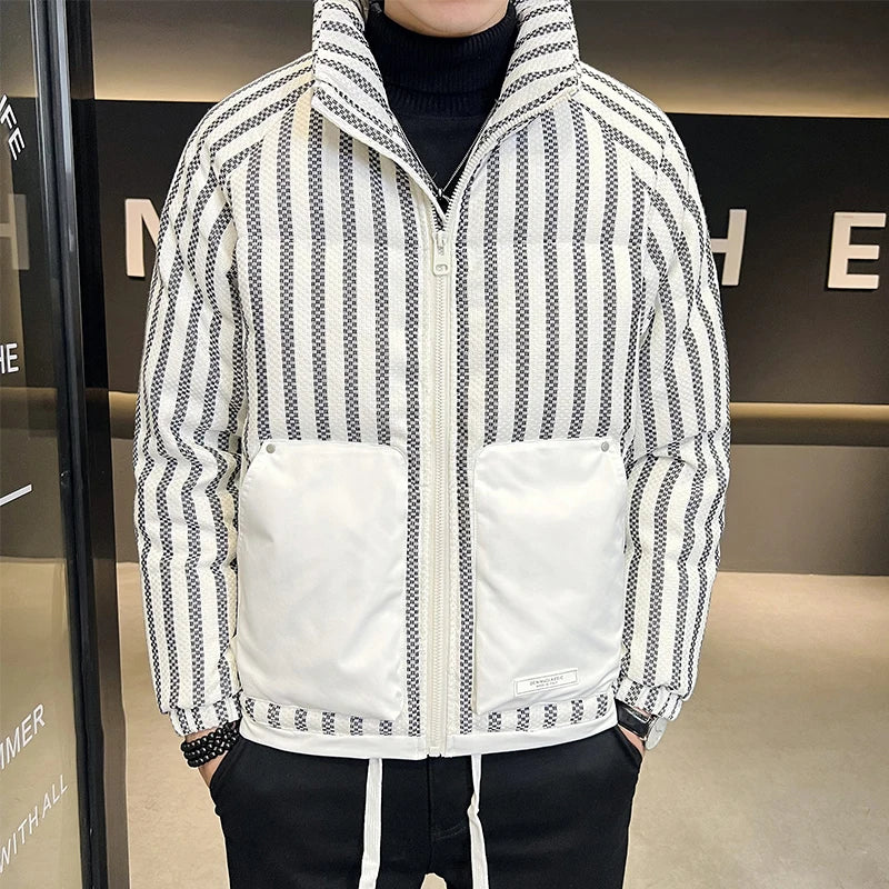 Men's Striped Colorblock Pocket Zipper Down Feather Jacket