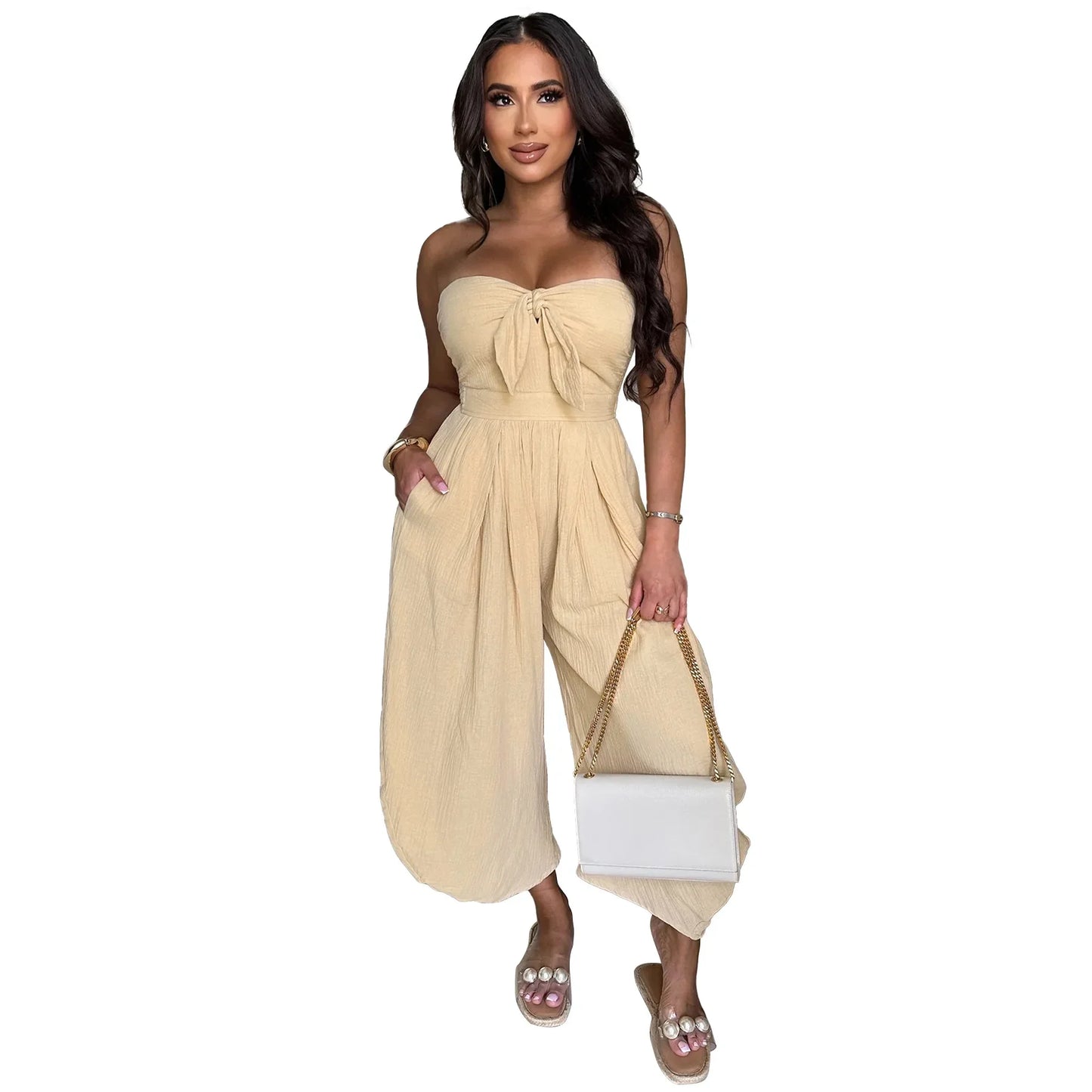 Sleeveless Bowknot Design Solid Color Baggy Tube Top Women's Jumpsuit