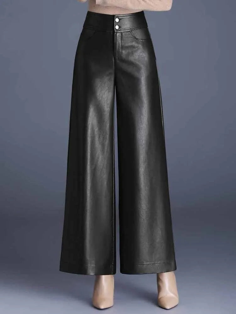 Designer Women's PU Leather Solid Color Wide Leg Pants
