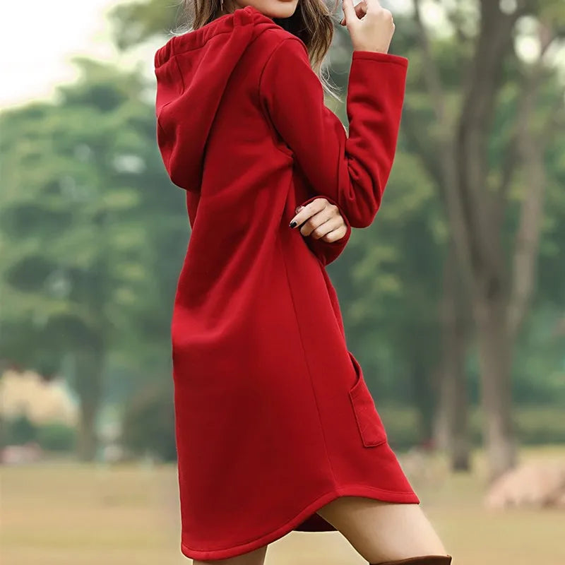 Oversized Pullover Drawstring Solid Color Knee-Length Hoodie Sweatshirt Dress to 3X Plus Size