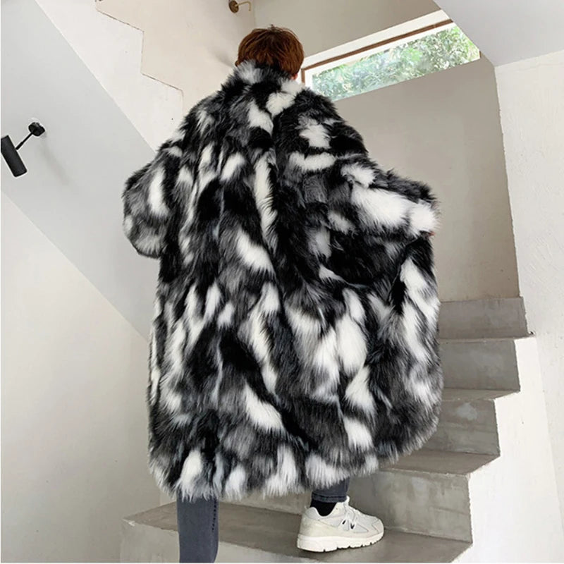 Men's Black/White Colorblock Patchwork Thick Faux Fur Trenchcoat