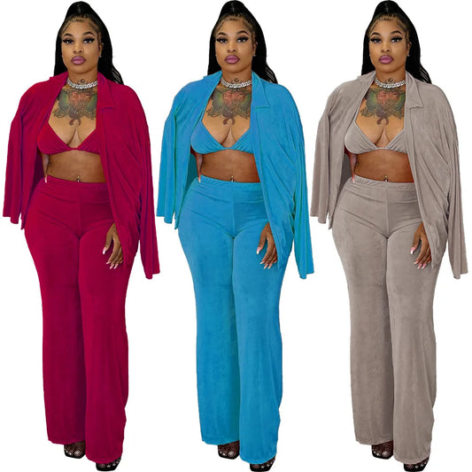 Velvet Solid Long Sleeve Turn Down Collar Blazer Jacket w/ Matching Sports Bra & Wide Leg Bodycon Pants Women's 3-Piece Set