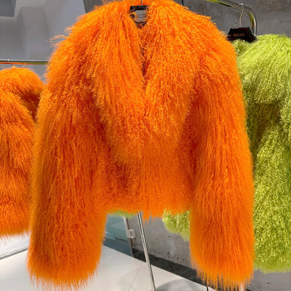 Shaggy Mongolia Sheep Fur Oversized Collar Women's Jacket to 8X Plus Size