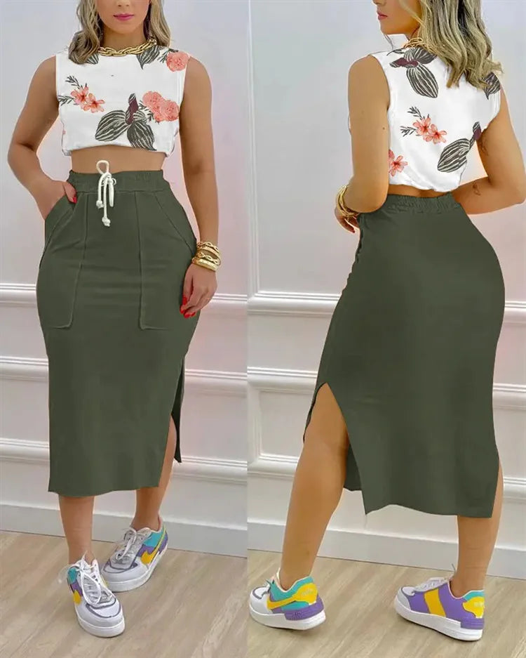 Printed Short Sleeve Round Neck + Top Split Midi Skirt 2-Piece Set