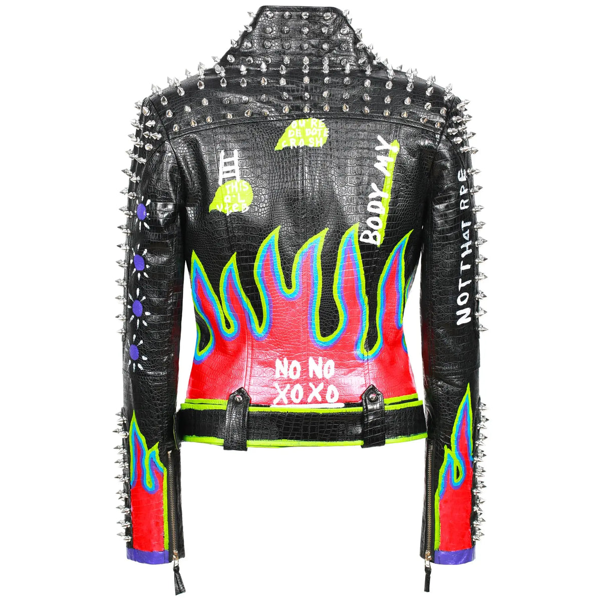 Rivet Spiked Stud Fire Flame Design Women's PU Leather Punk Biker Jacket