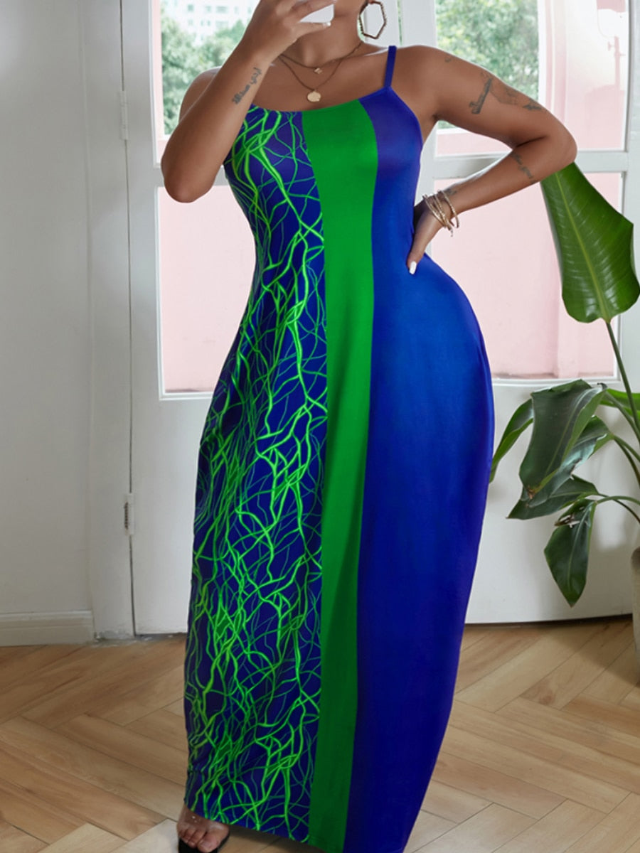 Striped Halter Spaghetti Strap Patchwork Graffiti/ Green & Deep Blue Floor Length Maxi Dress to 5X Plus Size