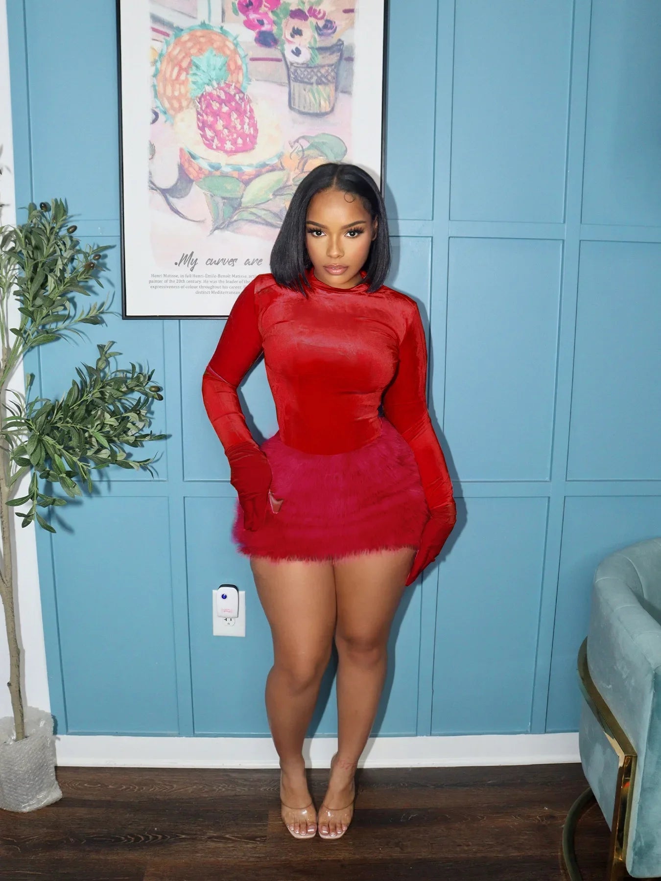 Velvet Long Sleeve Solid Color Women's Bodysuit+ Faux Fur Mini Skirt 2-Piece Set