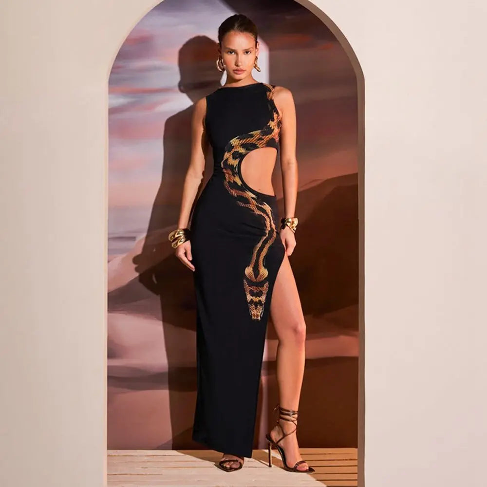 Sleeveless Python Snake Print Cut-Out High Slit Maxi Dress