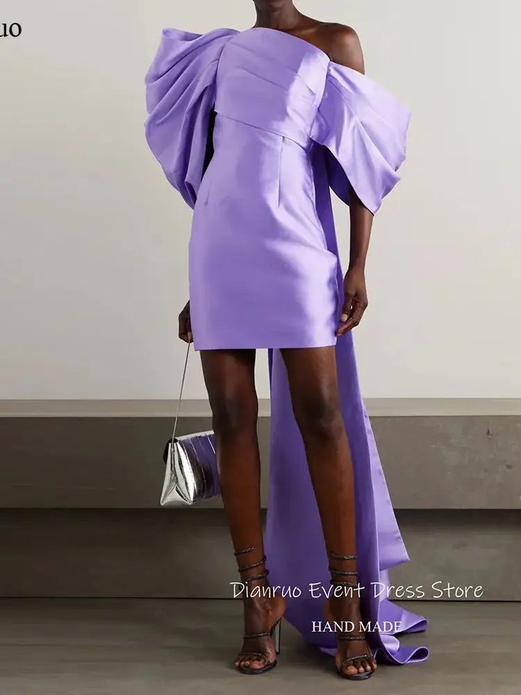 Satin Asymmetrical One Shoulder Puff Sleeve Maxi Train Design Pleated Formal Mini Party/Prom Dress to 24 Plus Size - All Custom Colors Available!