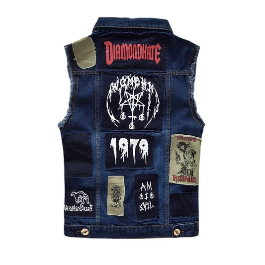 Men's Denim Ripped Skinny Punk Patchwork Sleeveless Button-Up Jean Vest