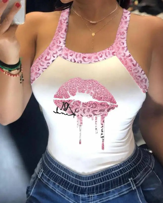 Splicing Pink Women's Leopard Shoulder Straps Lip Print Tank Top