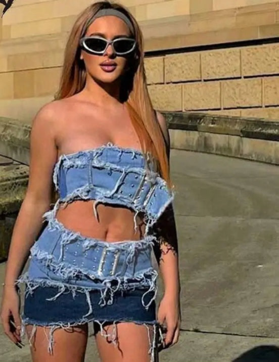 Blue Colorblock Strapless Belt Buckle Design Denim Cropped Bra + Belted Mini Jean Skirt 2-Piece Set