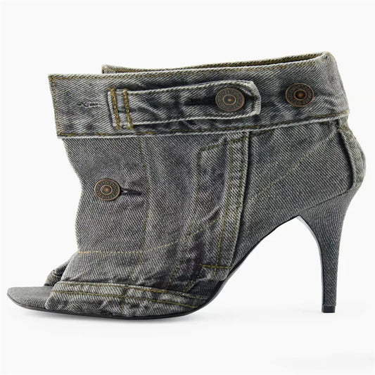 Peep Toe Faded Black Rivet Button Design Square Toe Short Women's Ankle Jean Boots