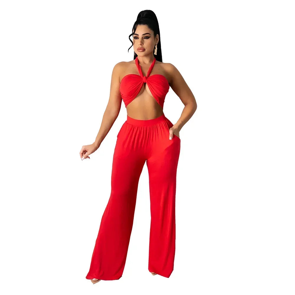 Strapless Hollow-Out  Hatler Neck Crop Top + Leggings Bodycon Solid Color Women's 2-Piece Set