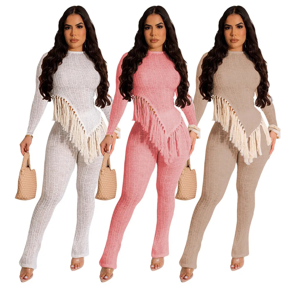 Tassel Long Sleeve Irregular Top + High Waist Leggings Knitted 2-Piece Set