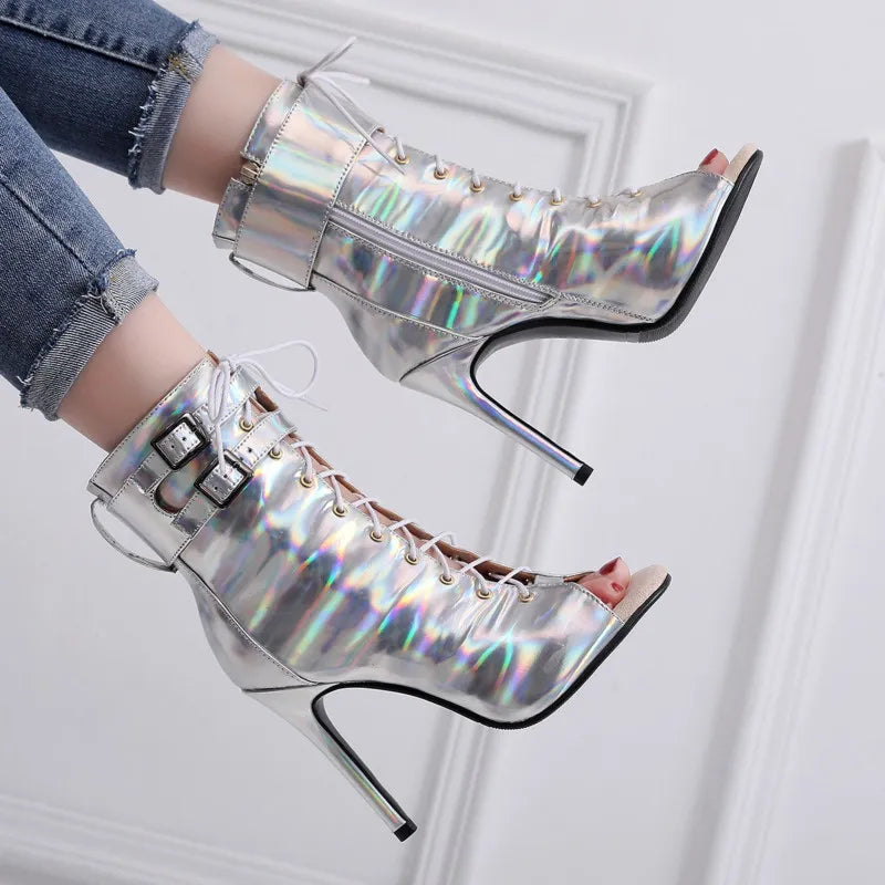 Silver Metallic Latin PU Leather Thin High Heel Salsa Lace-up Ankle Boots