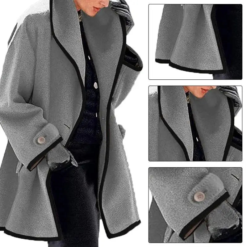 Hooded Wool Colorblock Long Sleeve Ladies Coat