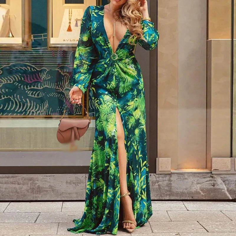 Vintage Green/Blue Floral Deep V-Neck Long Sleeve High Slit Maxi Dress