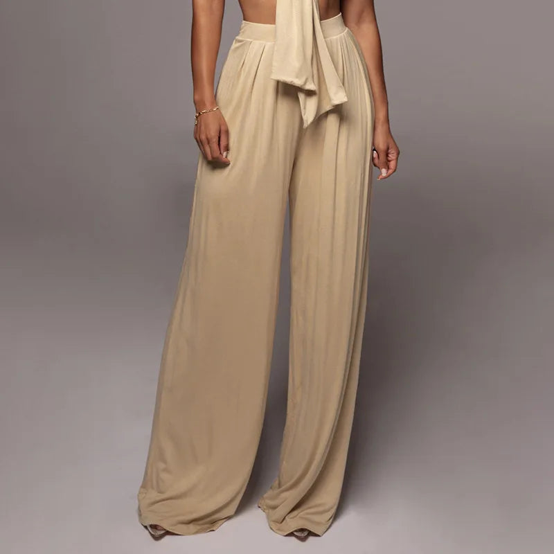 Sleeveless Bowknot Design Tube Top+ Wide Leg Pants Women's Solid Color 2-Piece Set