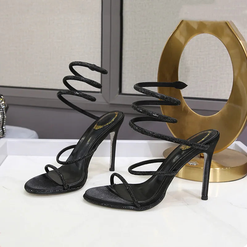 Spiral Snake Twine Band Crystal Rhinestone Thin Stiletto Heel Gladiator Sandal Pumps