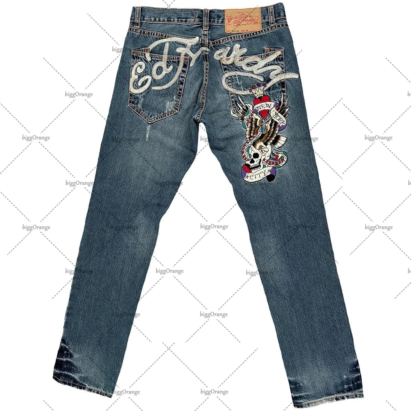 Men's Embroidered Hip-Hop High Waisted Straight Retro Loose Wide Leg Denim Jeans