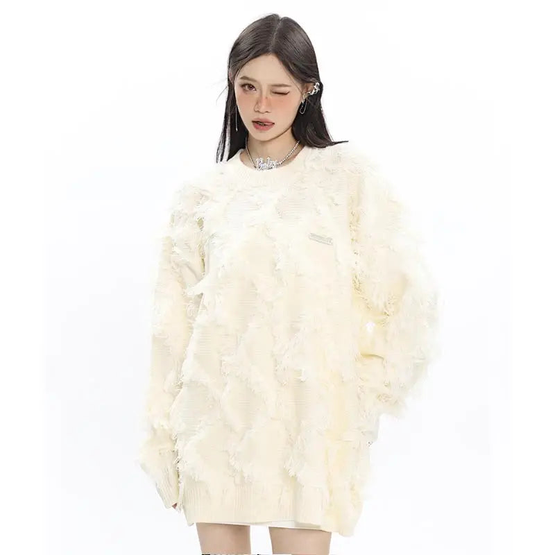 Oversized Fringe Tassel Design Knitted Women's Streetwear Loose Pullover Loose Sweater