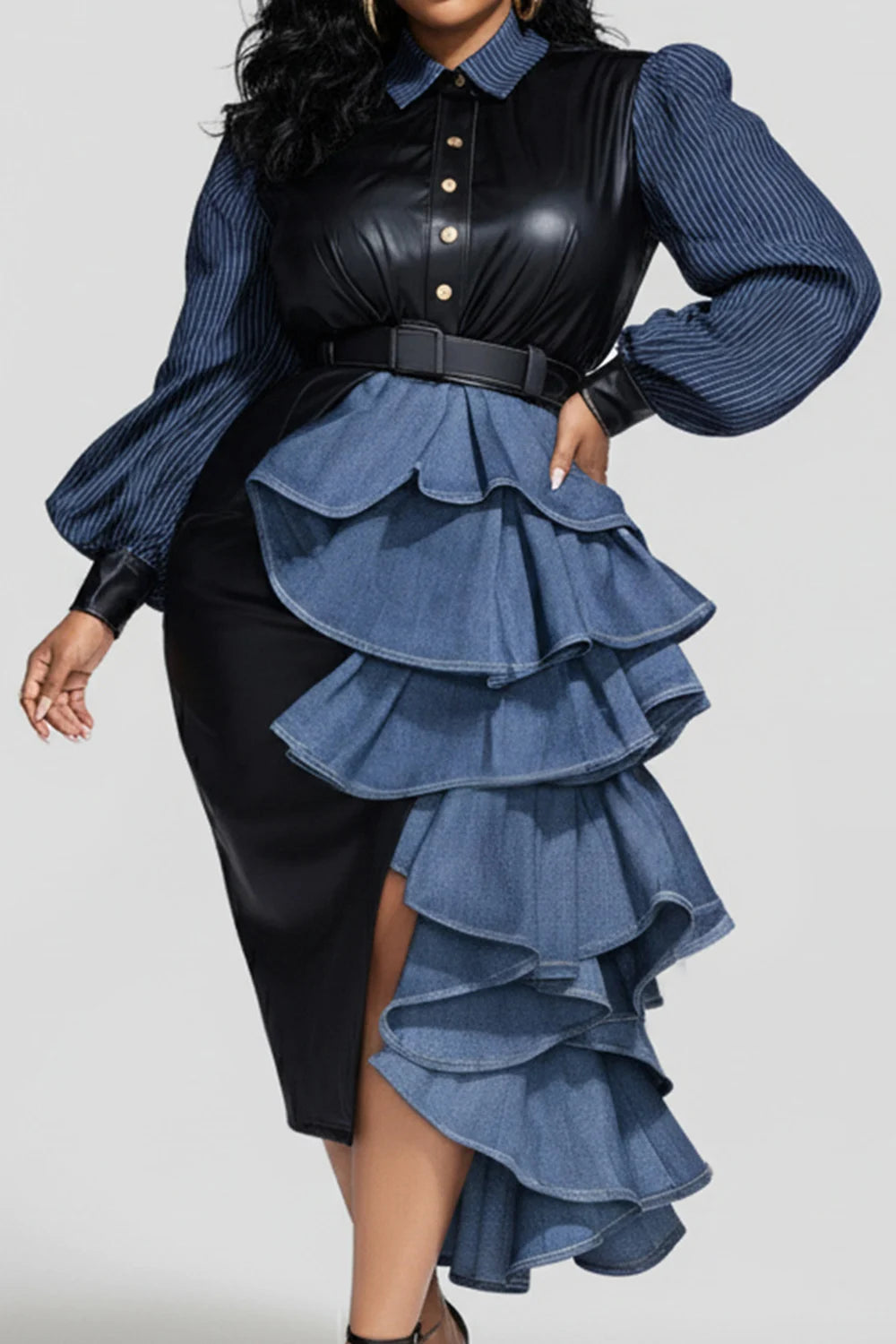 Irregular Black PU Leather Top Ruffled Blue Denim Pinstriped Turn-Down Collar Long Sleeve Formal Party Dress to 5X Plus Size