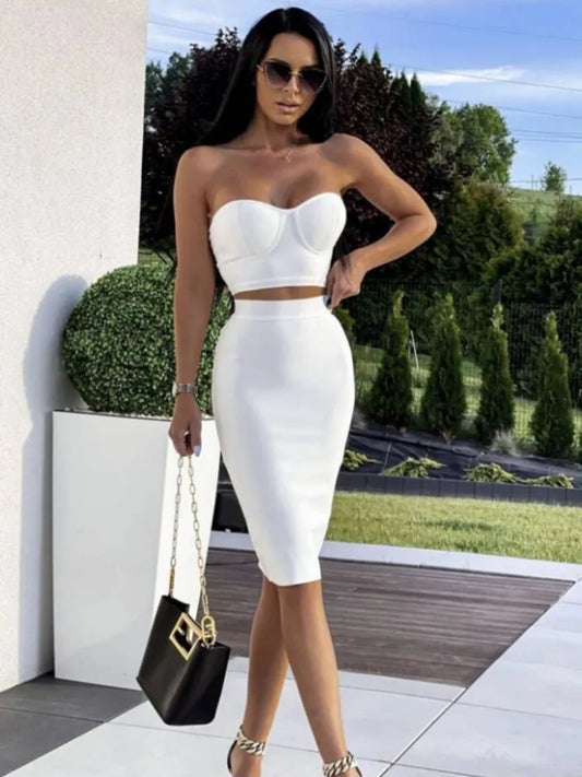 Sleeveless Solid Rayon Bandage Tube Corset Top + Bodycon Mini Skirt 2-Piece Set