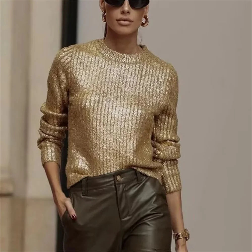 Gold Metallic Women's Fragmented Loose Round Neck Knitted Long Sleeve Top