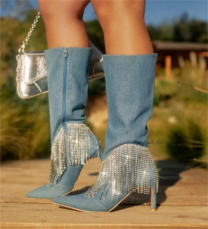 Embellished Denim Fringe Tassel Glitter Design Pointed Toe Crystal Midi Boots